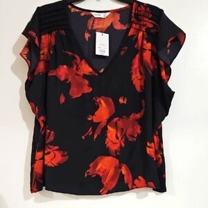 Nine West Black and Orange Floral Blouse